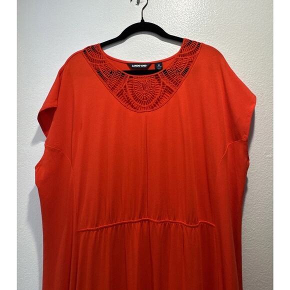 Lands End Women’s Plus Size 1X Bright Red Orange Crochet Neck Maxi Dress Boho - Picture 2 of 8